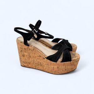 Black Suede Cork Platform Wedge Sandals Boho Summer Strappy Open Toe Heels